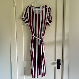 Maroon & White Striped Belted Jersey Dress, Size XL